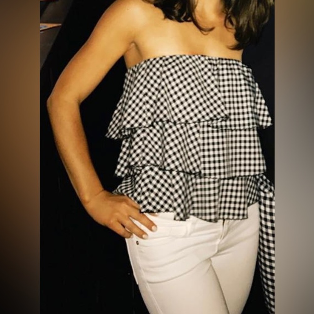 Caroline Constas strapless gingham ruffle top
